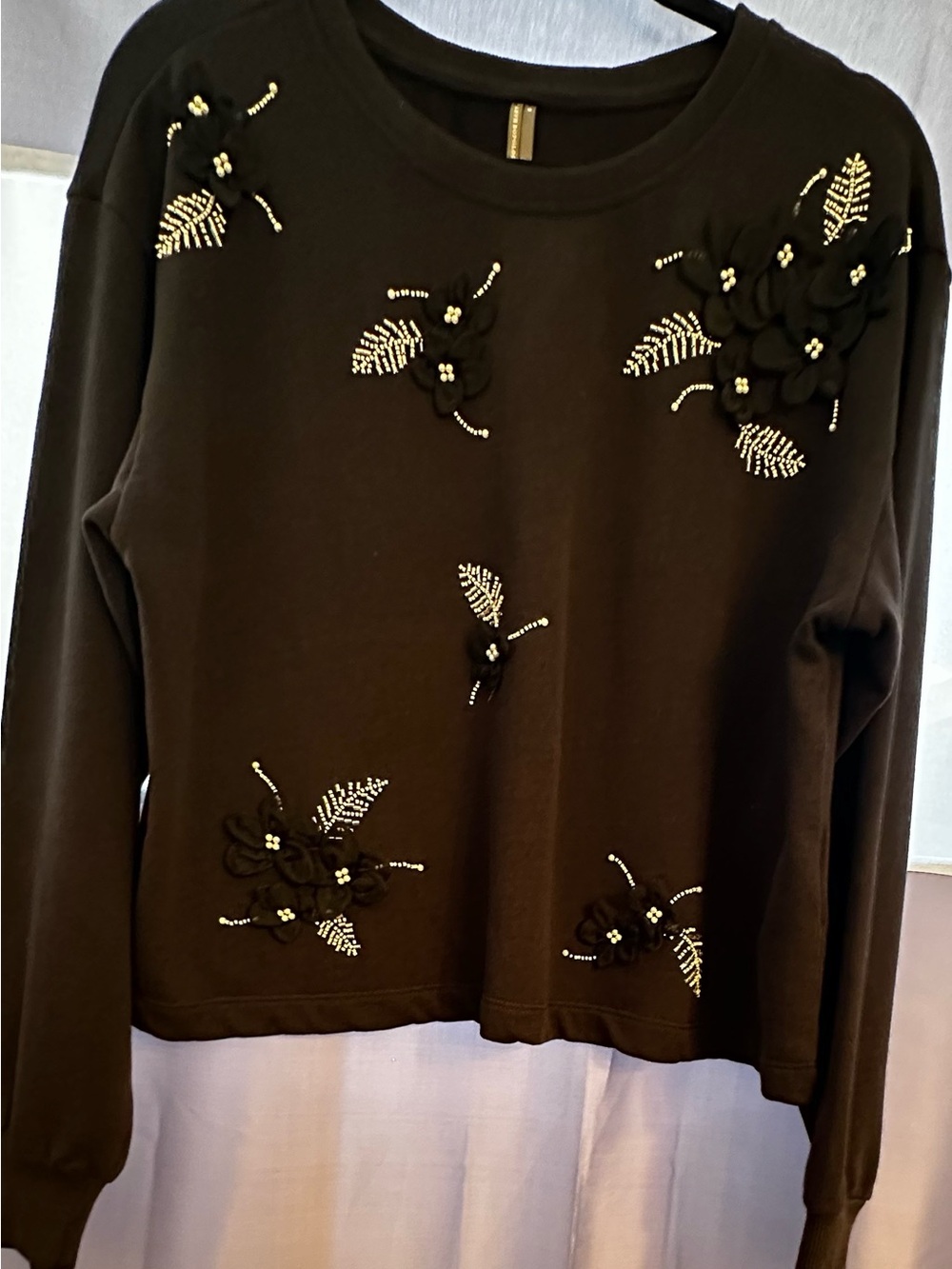 Anthropologie Black Embellished Floral Crewneck Sweater